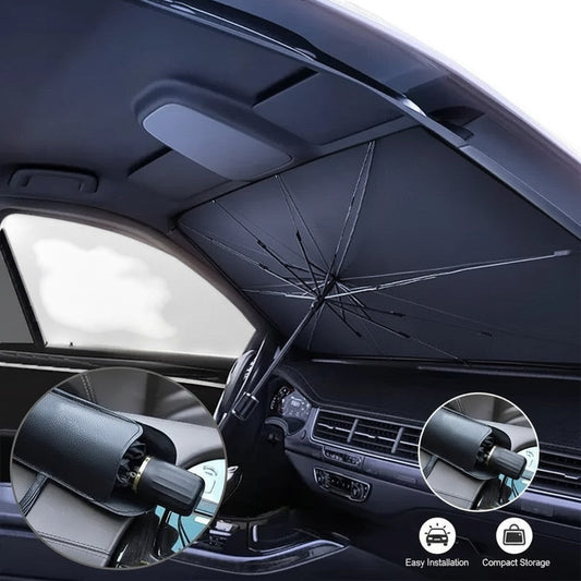 Vynox shop foldable car sunshade umbrella for windshield, offering UV and heat protection. Includes storage bag.