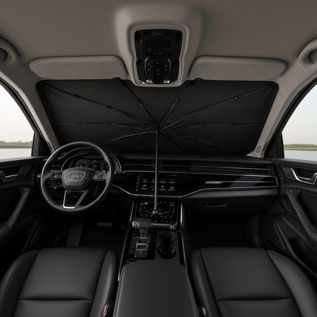 Car interior with a black umbrella covering the dashboard