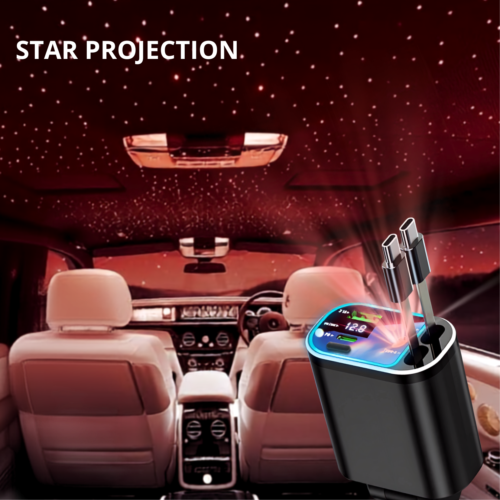 120W Fast Car Charger with Retractable Cable & Starlight LED