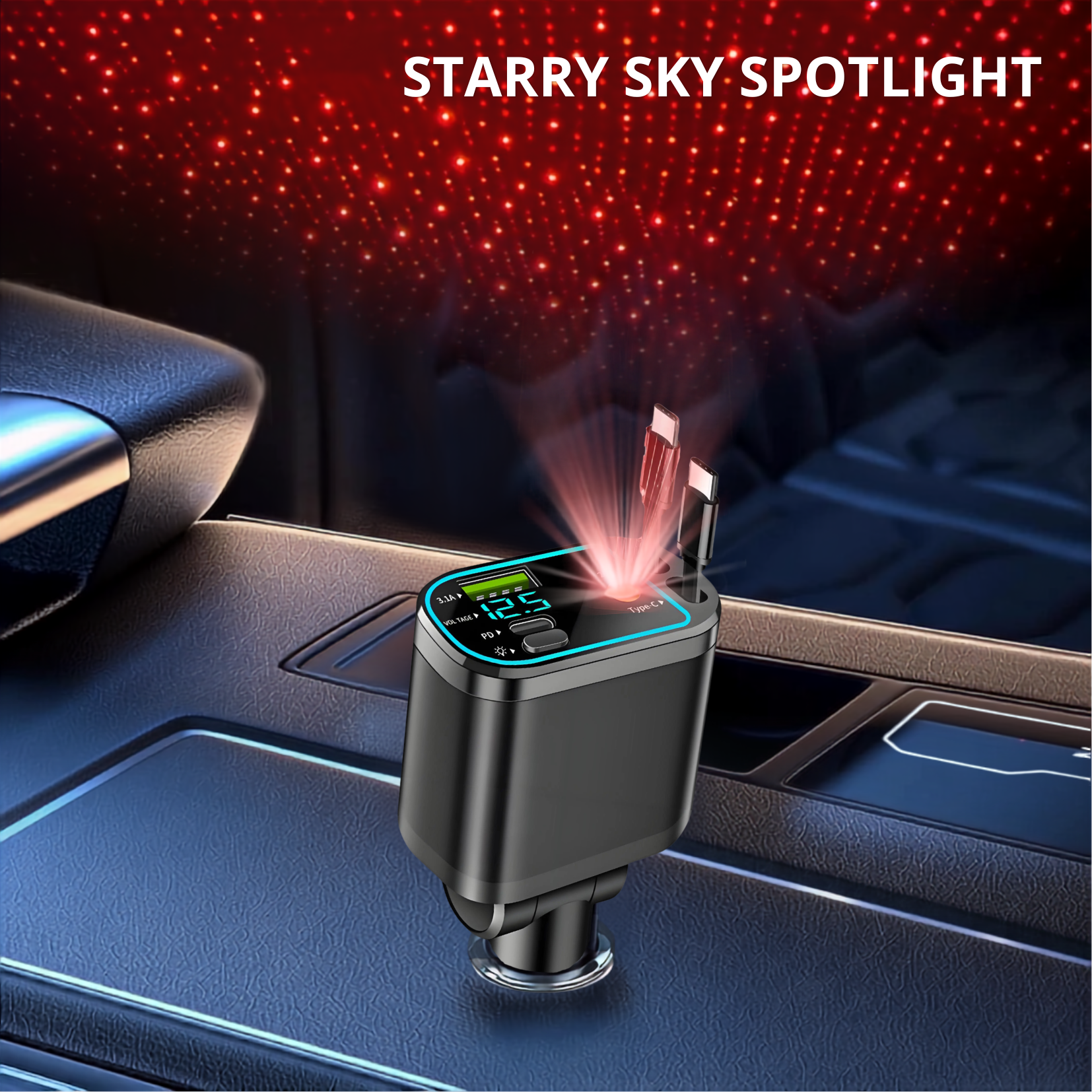 120W Fast Car Charger with Retractable Cable & Starlight LED