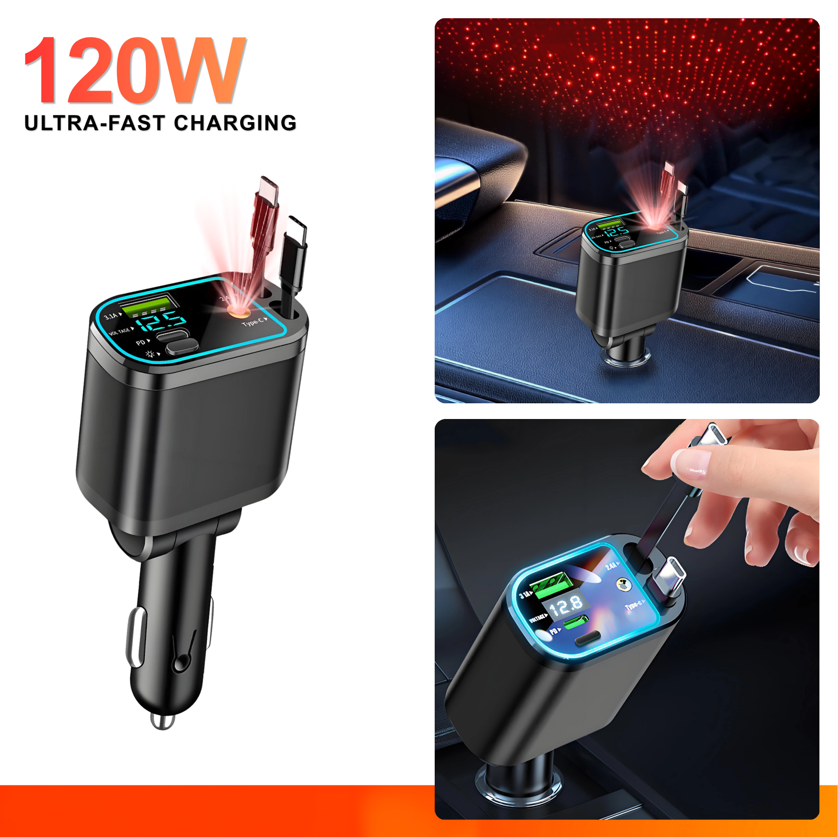 120W Fast Car Charger with Retractable Cable & Starlight LED