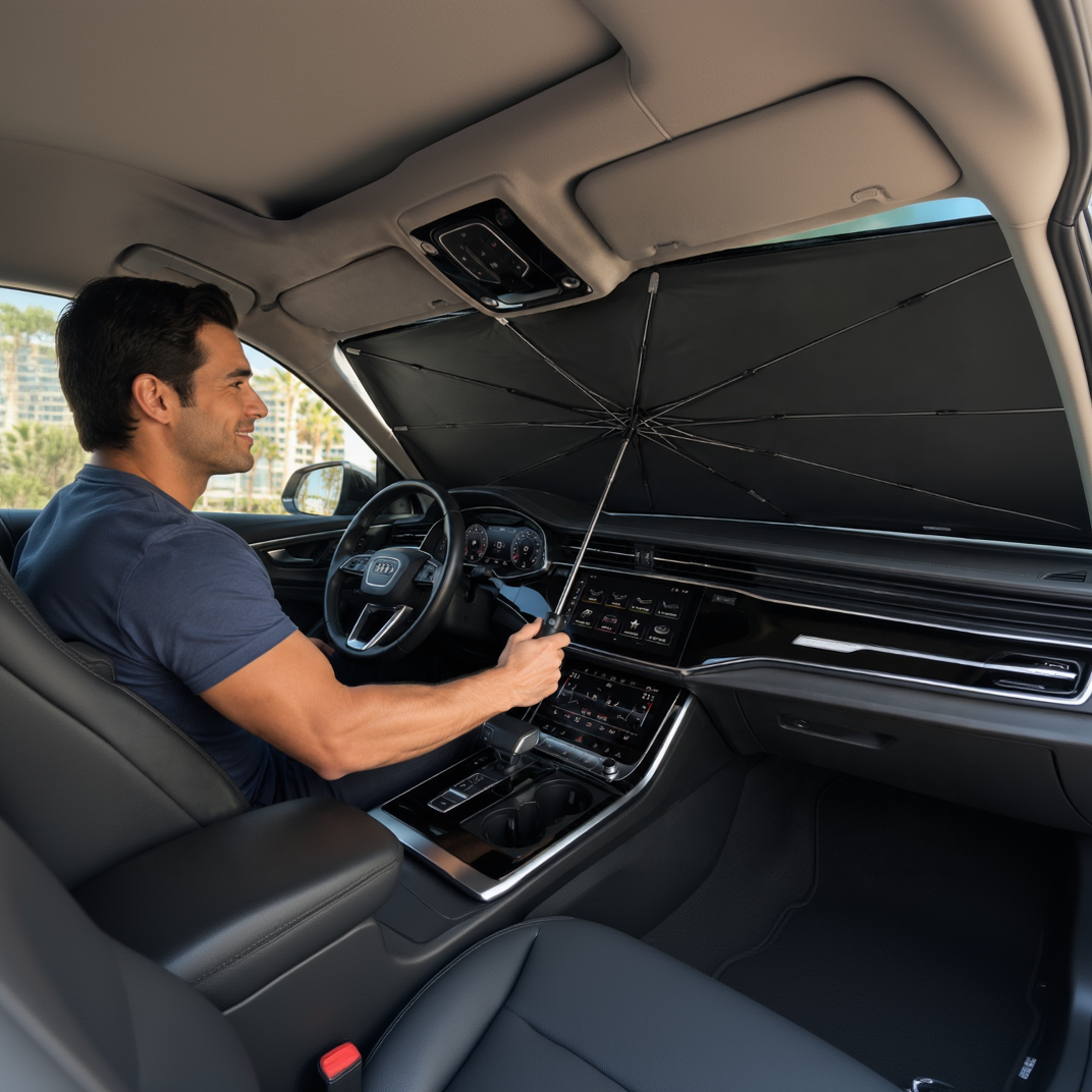 Man sitting inside a car holding an umbrella over the dashboard