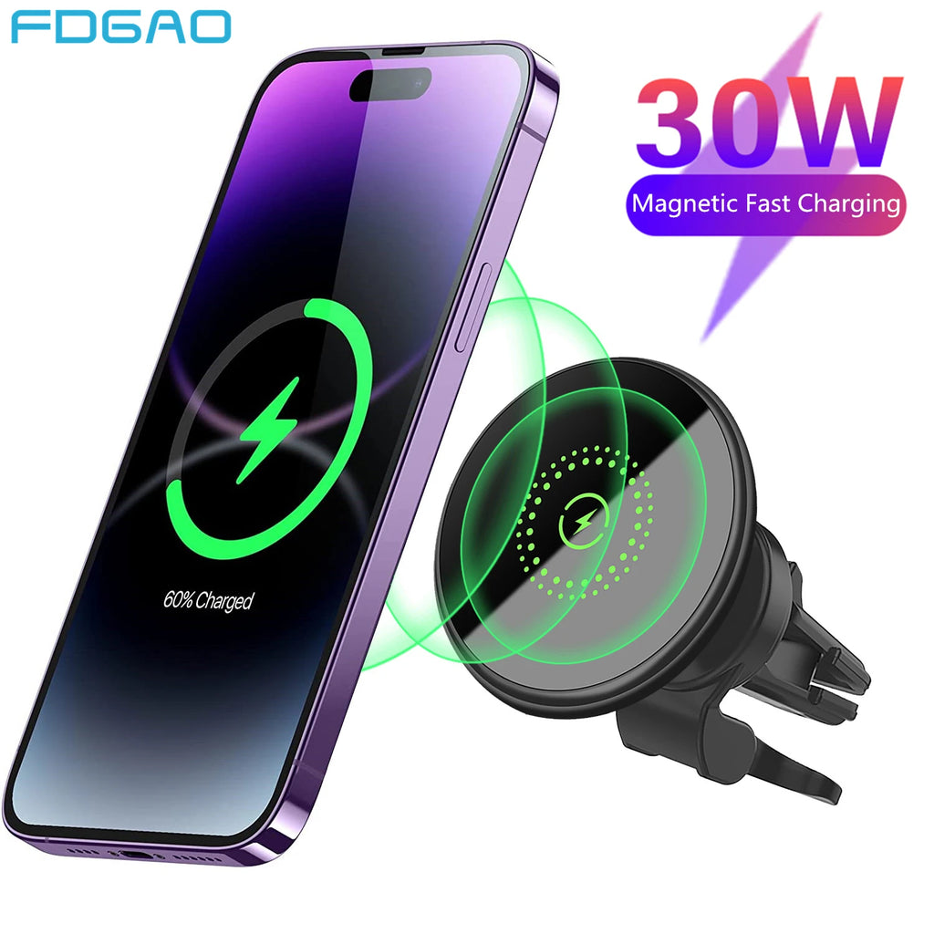 Wireless charger with smartphone showing charging progress and FDGAO branding.