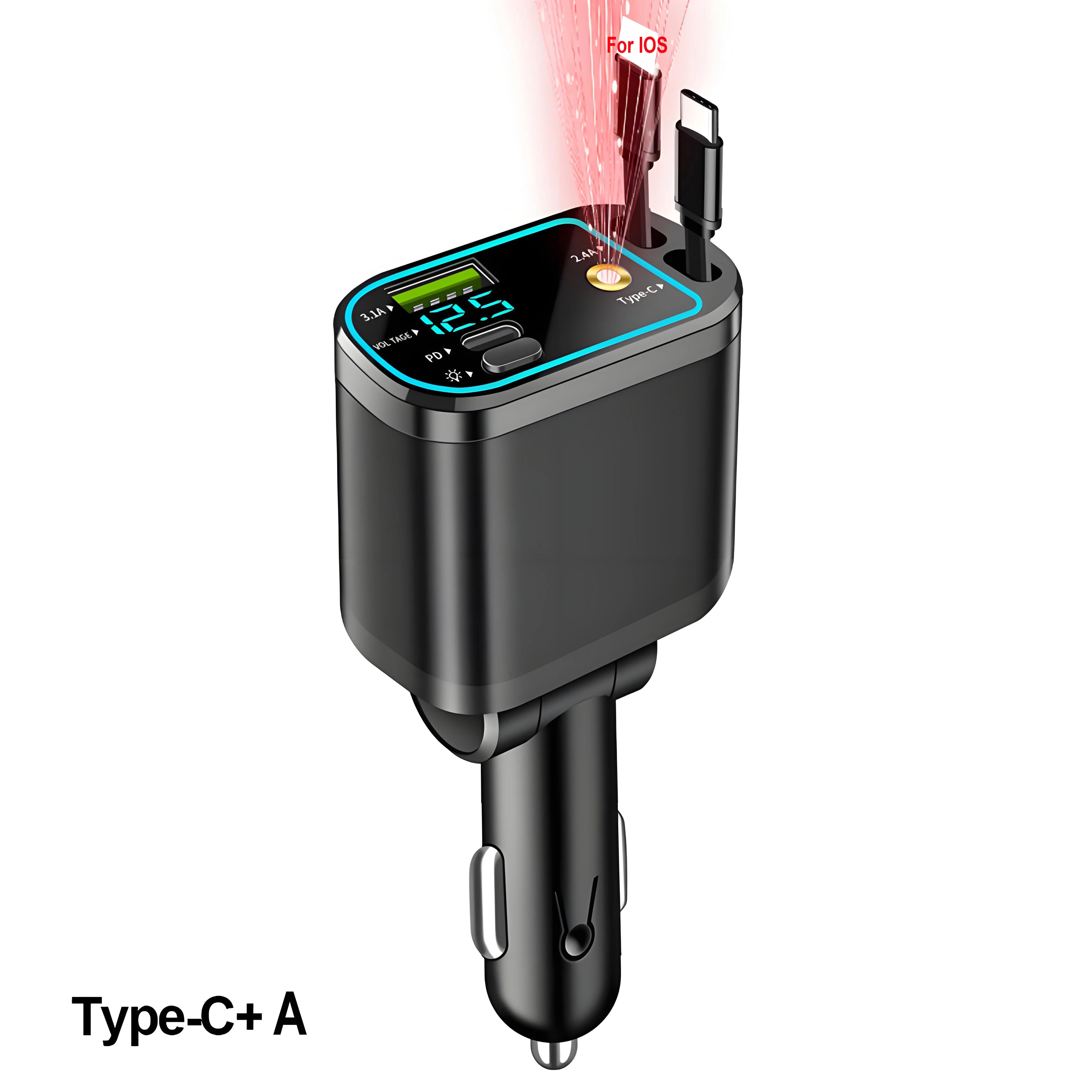 120W Super Fast Car Charger – Retractable Cable & Starlight LED