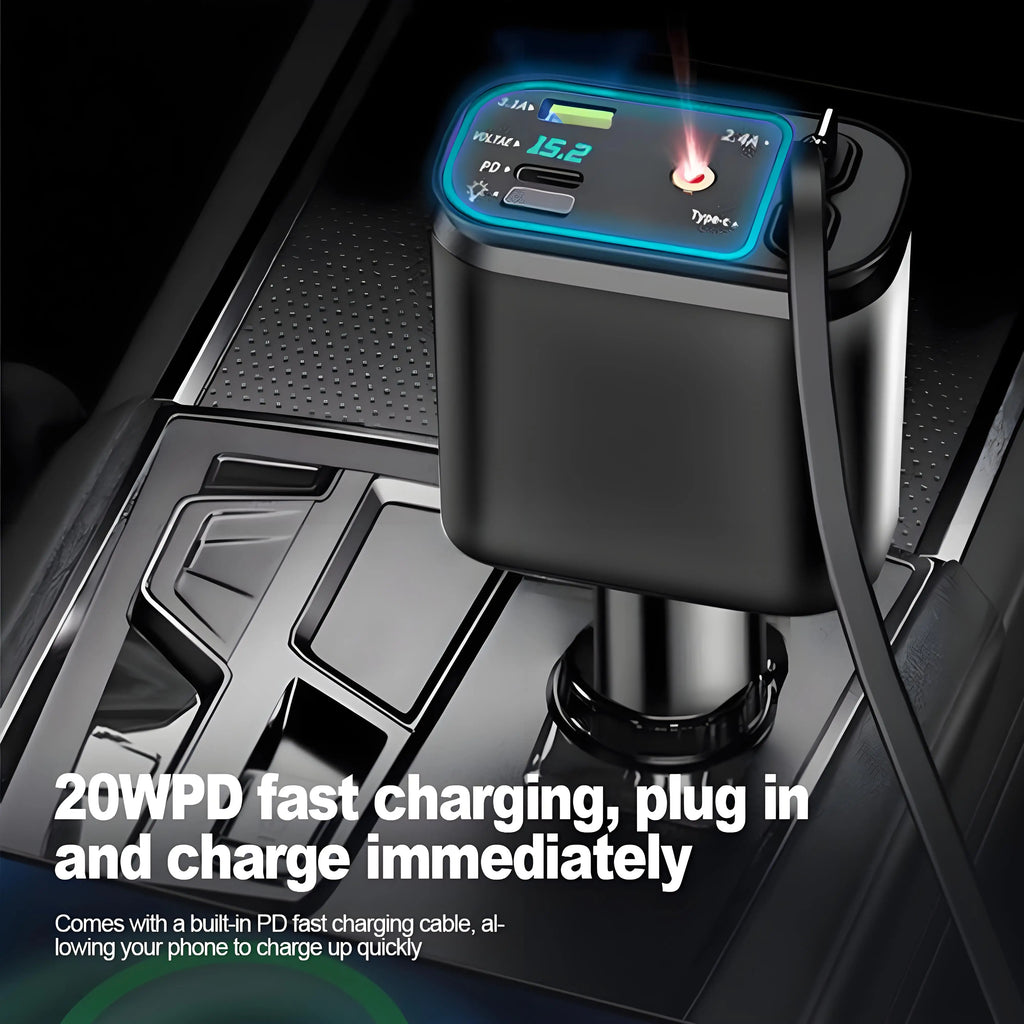 120W Super Fast Car Charger – Retractable Cable & Starlight LED