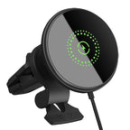 Black magnetic car mount with green charging indicator on a white background
