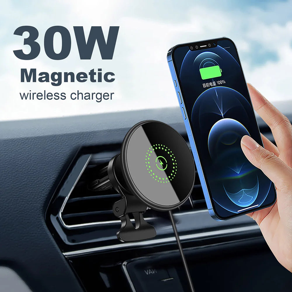 30W magnetic wireless charger in a car with a phone being charged