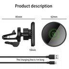 Product description of a car mount with dimensions and charging line details on a white background.