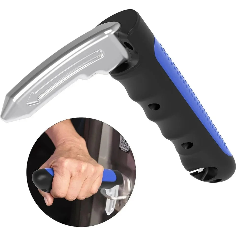 Car door grip handle with window breaker tip