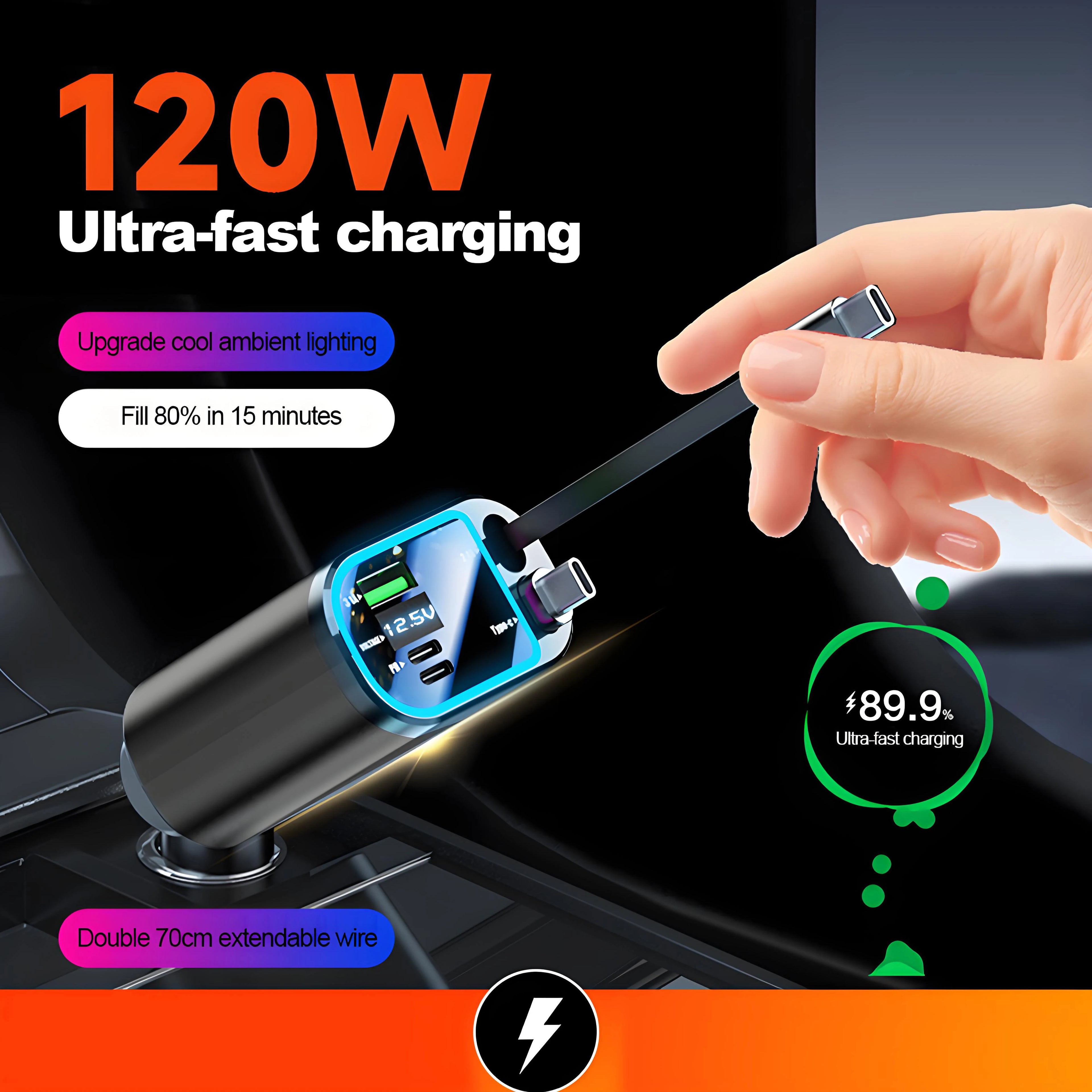 120W Super Fast Car Charger – Retractable Cable & Starlight LED