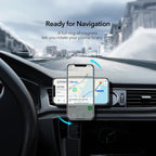 Phone mount with magnets on a car dashboard displaying navigation apps.