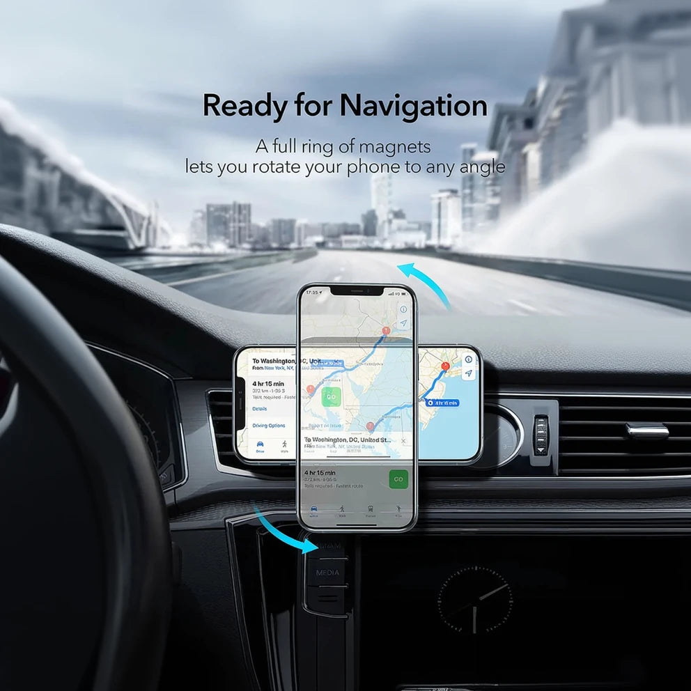 Phone mount with magnets on a car dashboard displaying navigation apps.