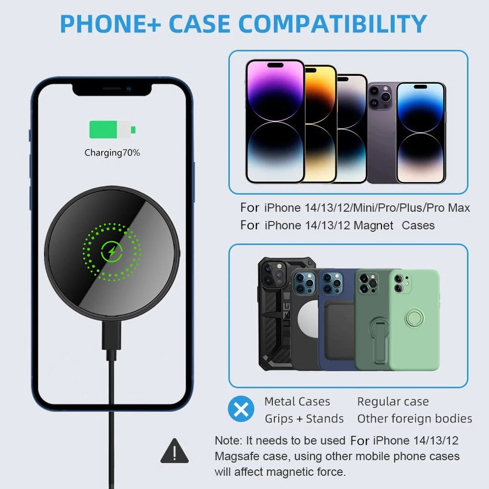 Phone case compatibility chart for iPhone models with charging indicator and case options.