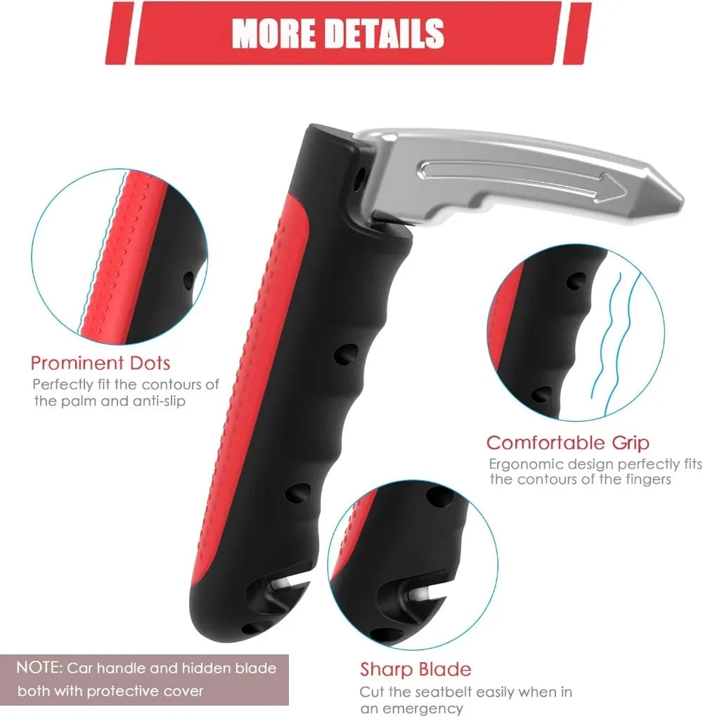Car door grip handle features and hidden seatbelt cutter