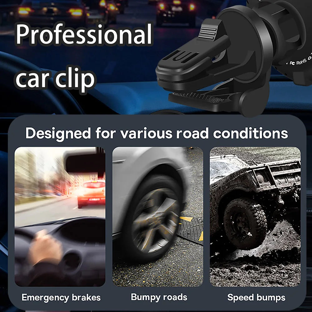 Car clip designed for various road conditions with images of emergency brakes, bumpy roads, and speed bumps.