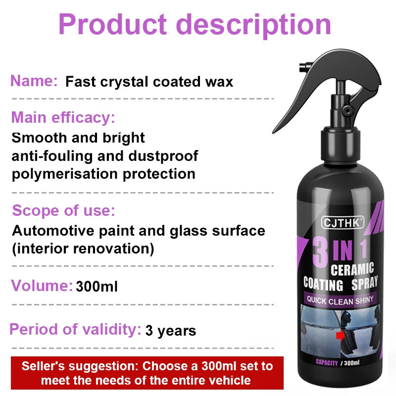 3-in-1 Ceramic Coating Spray – Hydrophobic Gloss & Paint Protection
