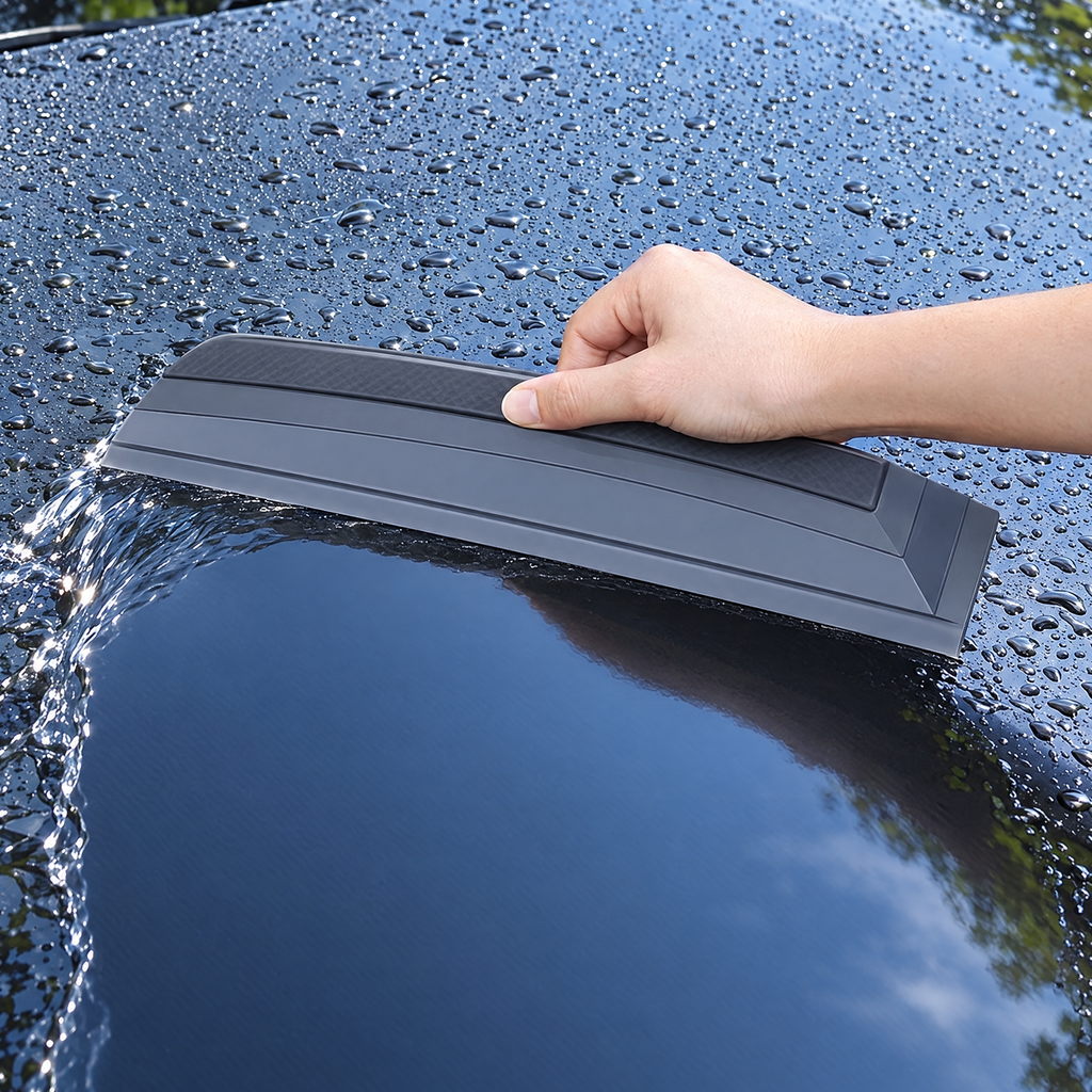 Silicone water blade squeegee drying a wet car bonnet