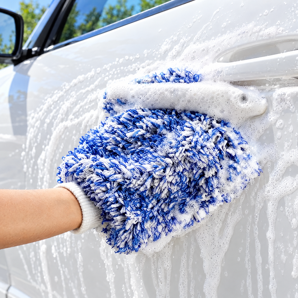 Plush microfiber car wash mitt covered in suds washing a white car door