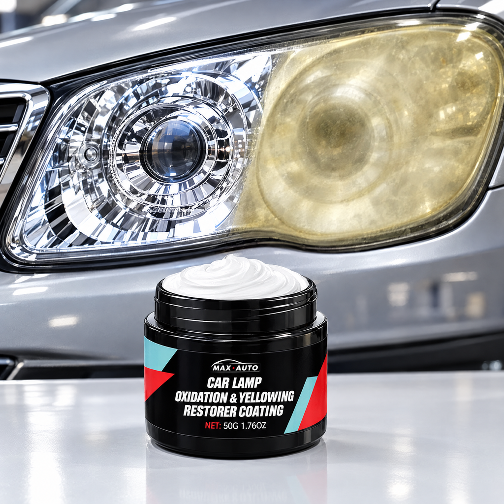 Headlight restoration paste jar in front of a car headlight, clear on one side and yellowed on the other