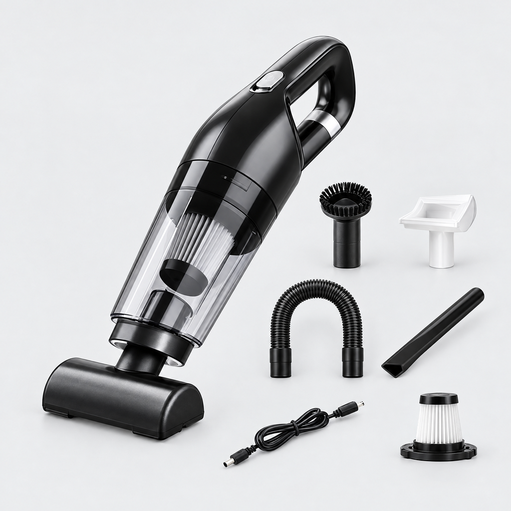 Handheld wet and dry car vacuum with motorised brush head and six accessories