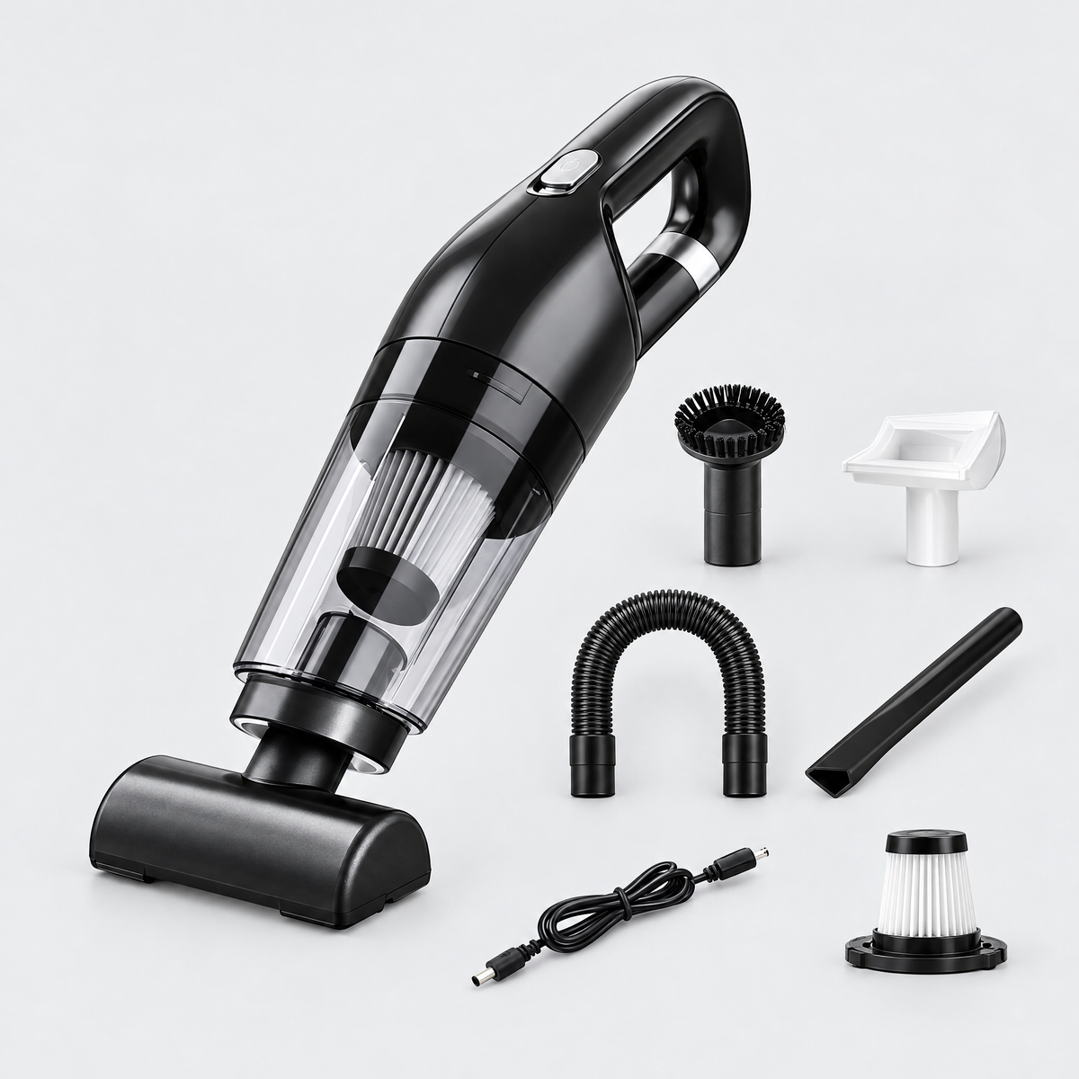 Handheld wet and dry car vacuum with motorised brush head and six accessories