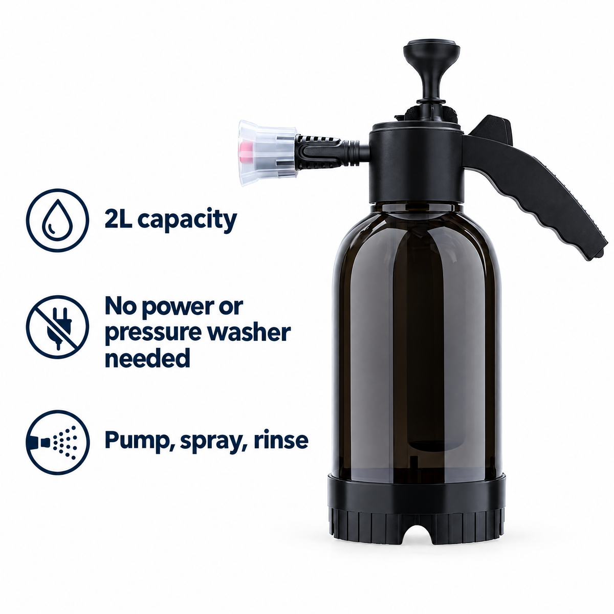 2L capacity hand pump foam sprayer - no power or pressure washer needed