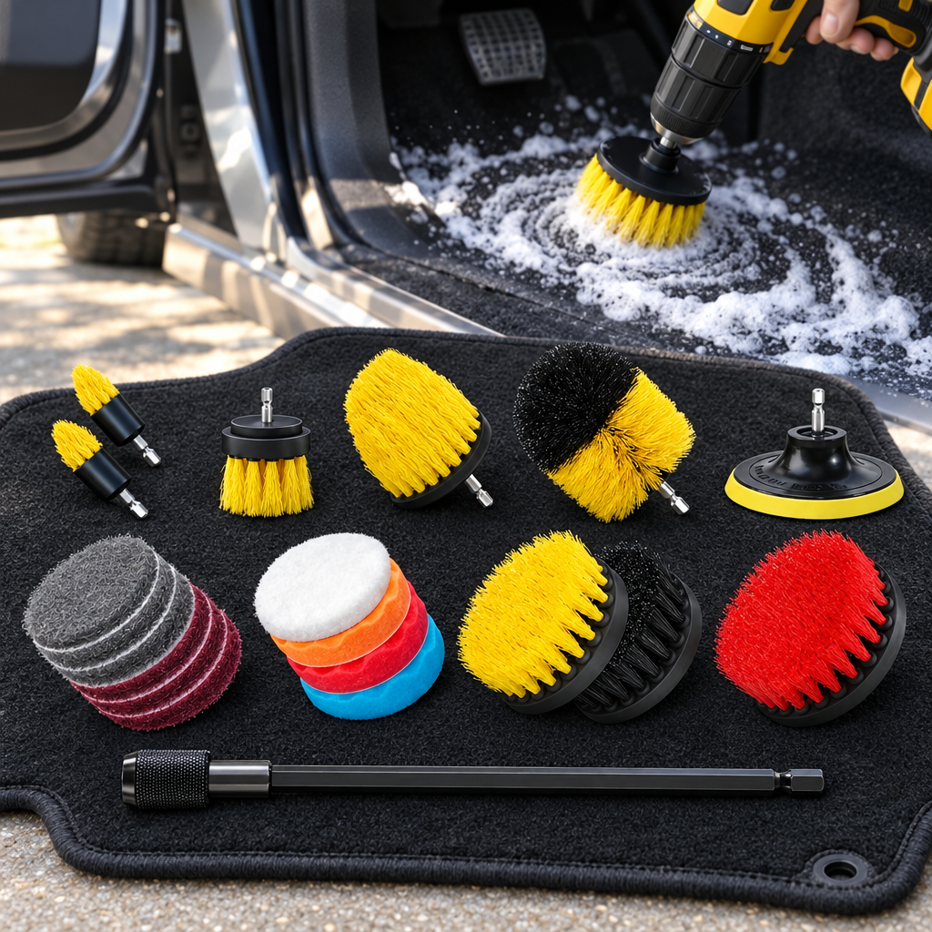 7-piece drill brush set laid out on a car mat with a drill scrubbing the footwell carpet