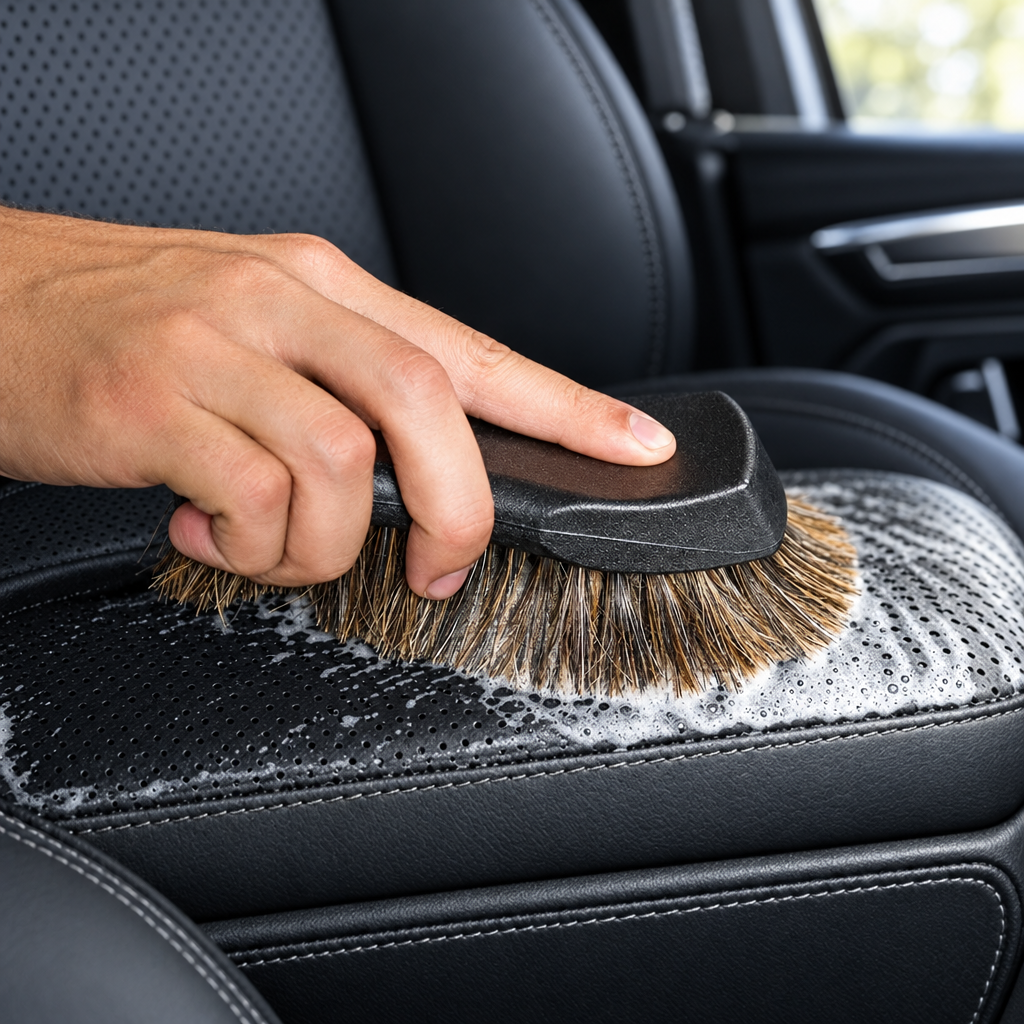 Horsehair detailing brush cleaning a black leather car seat