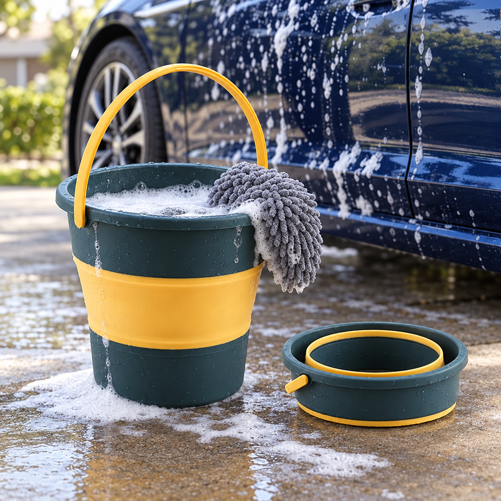 Collapsible silicone car wash bucket open with suds, second bucket folded flat