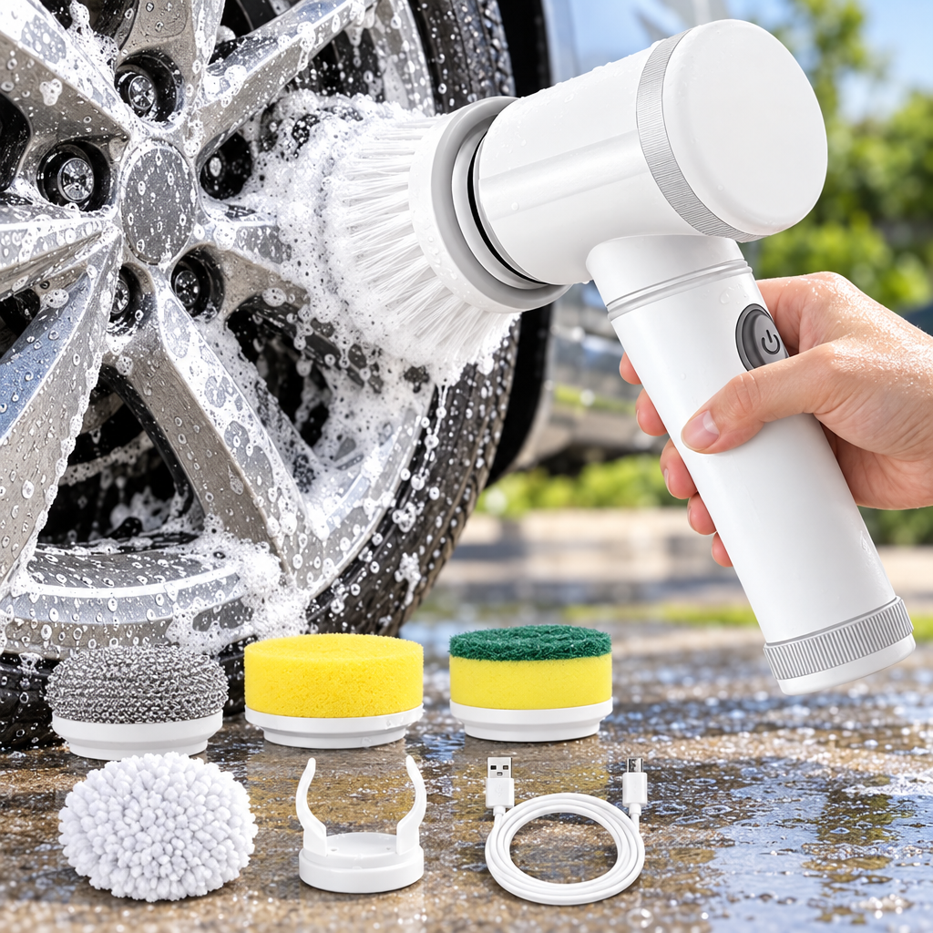 Cordless spin scrubber cleaning an alloy wheel with its five brush heads
