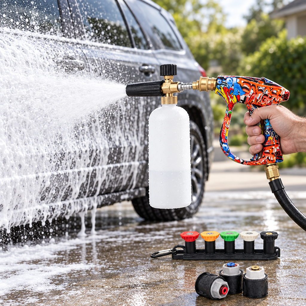 Pressure washer spray gun with foam cannon spraying snow foam on an SUV