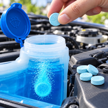 Windscreen washer tablet dissolving in a car washer reservoir
