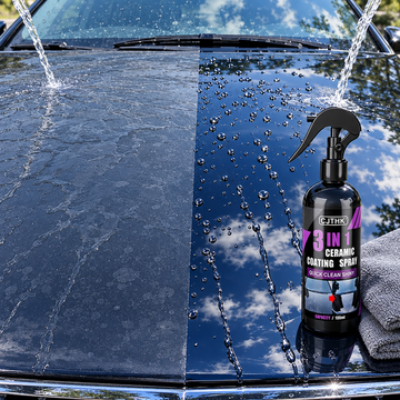 Bonnet split view: uncoated dull side versus ceramic coated glossy side with water beading