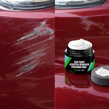 Red panel with a key scratch on the left and the same panel polished smooth on the right with scratch remover paste