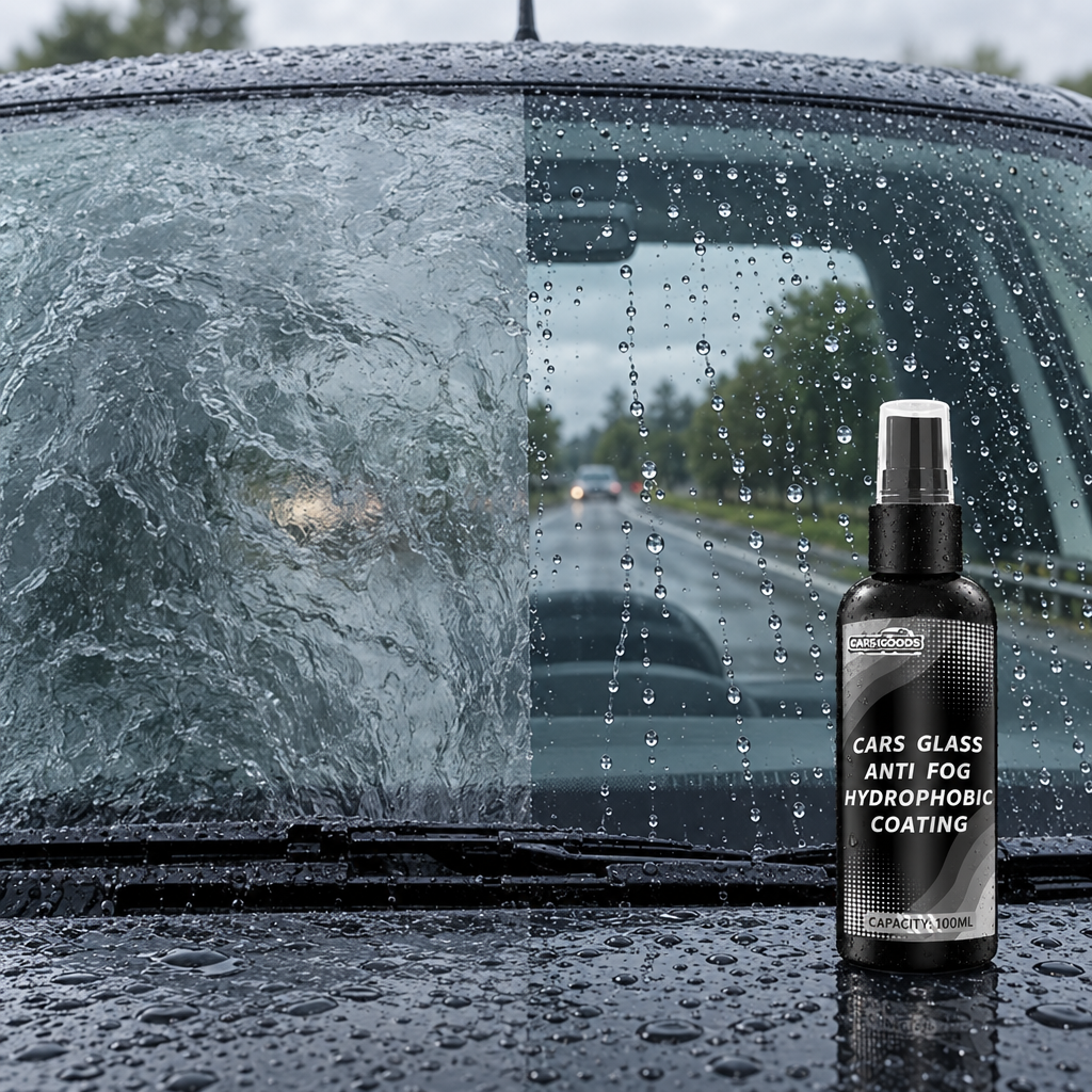 Windscreen split view: untreated side smeared with rain, treated side beading water with clear view