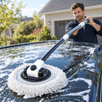 Telescopic chenille car wash mop washing the sudsy roof of an SUV