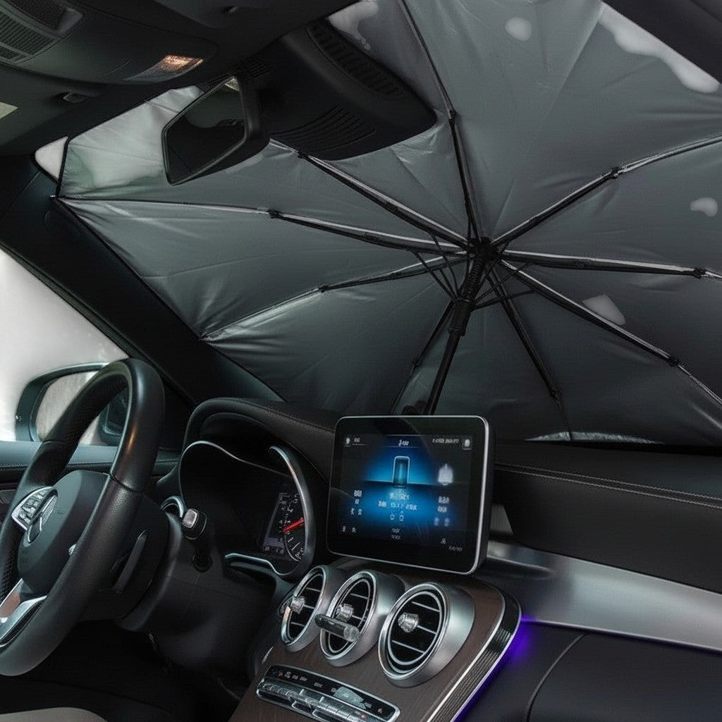 Vynox shop foldable car sunshade umbrella providing UV and heat protection for windshield.