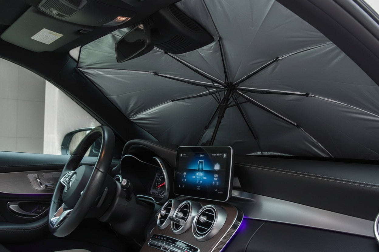 Vynox shop silver and black foldable car sunshade umbrella protecting windshield from UV rays and heat.