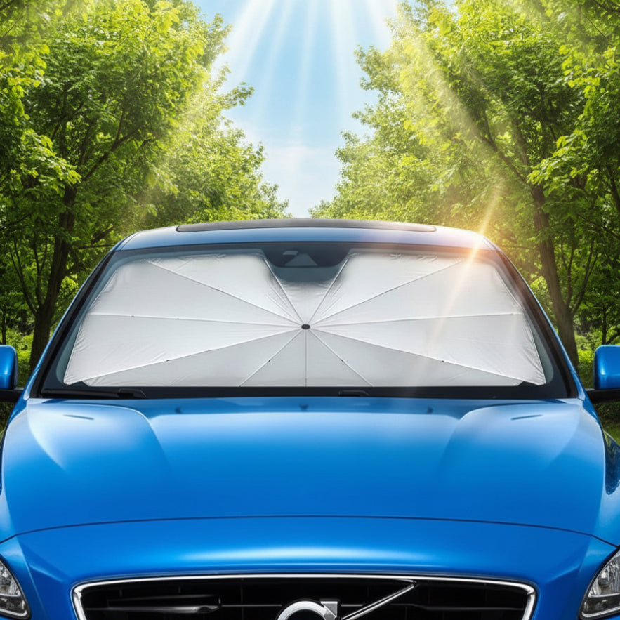 Vynox shop silver foldable car sunshade umbrella for windshield UV and heat protection.