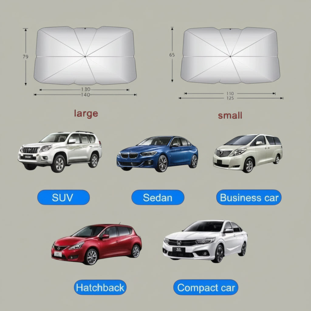 Vynox shop foldable car sunshade umbrella for windshield UV and heat protection. Available in large and small sizes for SUVs, sedans, business cars, hatchbacks, and compact cars.
